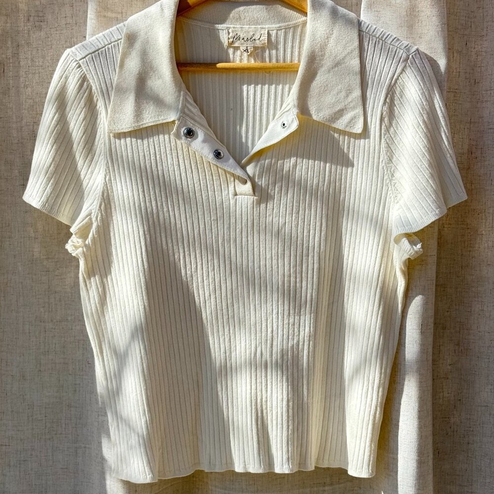 Marled Ribbed Knit Polo Top – White (Size XL)